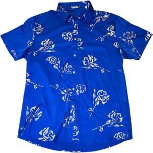 Zeroyaa XL Royal Blue Gold Floral Shirt Men’s Short Sleeve Party Button Down